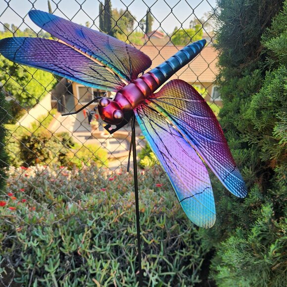 14.5" Large Roseate Skimmer Metal Dragonfly Wall/Fence Decor Garden Stake - Picture 1 of 5